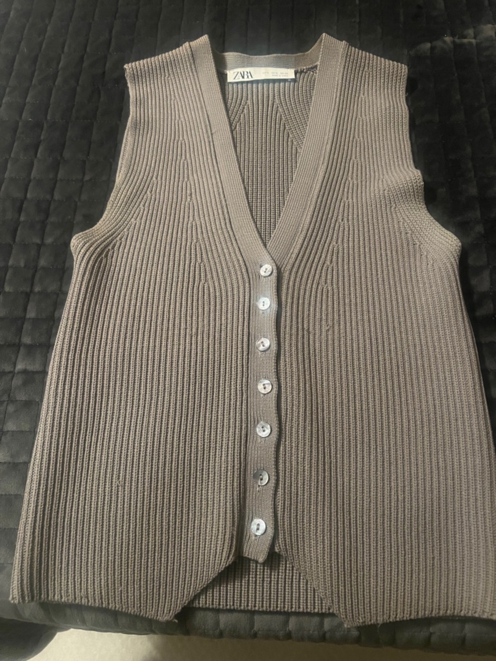 Zara Ribbed V-Neck Button-Front Vest in Taupe
